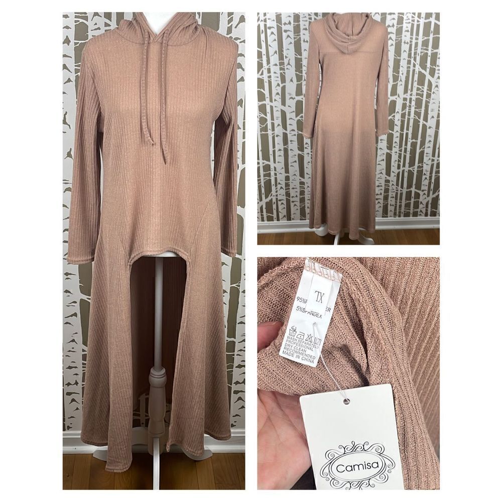 Camisa Nude Ribbed Knit Extreme Hi-Low Hem Hooded Sweater sz XL